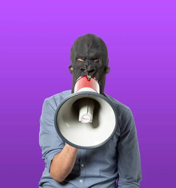 ゴリラのマスクをした男がメガホンで話してた 正面だ 紫色の背景に切り出された孤立したカットアウト — ストック写真