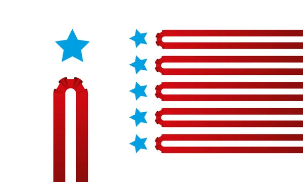 Rayures rouges et fond d'étoiles bleues avec silhouette abstraite de bougie en ruban rouge. Jour de l'indépendance arrière-plan . — Image vectorielle