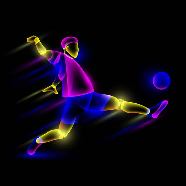 Jugador de fútbol golpea la pelota de fútbol. Capas superpuestas transparentes abstractas de neón parecen un personaje de jugador de fútbol virtual . — Archivo Imágenes Vectoriales