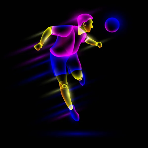 Jugador de fútbol cabeza disparando la pelota de fútbol. Capas superpuestas transparentes abstractas de neón parecen un personaje de jugador de fútbol virtual . — Archivo Imágenes Vectoriales