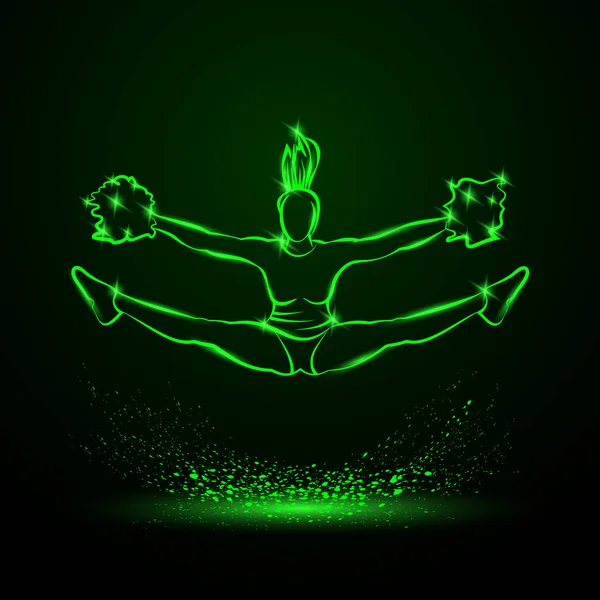 Cheerleader jumps and doing splits with pom poms. Green neon cheerleading illustration for sporting poster event. — Stock Vector