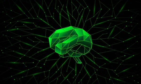 Diep opleiding en neurale netwerken rond de hersenen. Conceptuele afbeelding van groene neon veelhoekige kunstmatige intelligentie. — Stockvector