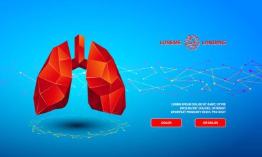 Teknoloji açılış sayfası şablonu. Mavi bir arka plan üzerinde kırmızı düşük poli ciğerli poligonal afiş.
