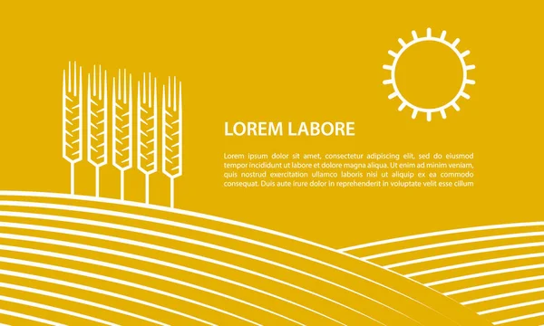 Campo de agricultores y espigas de trigo. Ilustración lineal para banner sobre fondo amarillo . — Vector de stock