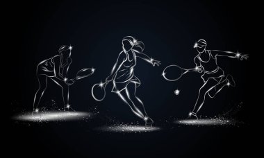 Profesyonel kadın tenisçiler ayarlayın. Metalik doğrusal tenis oyuncu Gösterim amacıyla spor afiş, arka plan ve el ilanı.