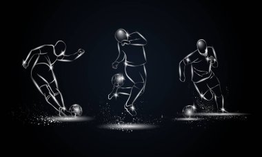 Futbol oyuncular ayarlayın. Metalik doğrusal futbol oyuncu gösterim amacıyla spor afiş, arka plan ve el ilanı.