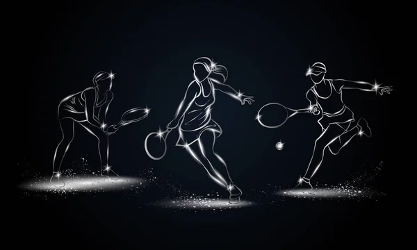 Giocatrici professioniste di tennis. Illustrazione del tennista lineare metallico per banner sportivi, sfondo e volantino . — Vettoriale Stock