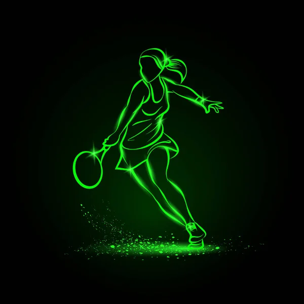 Mujer tenista profesional ilustración. Jugador de tenis de neón lineal verde sobre fondo negro . — Vector de stock