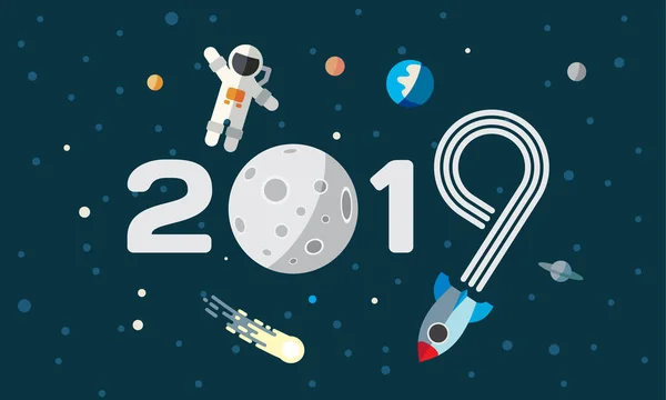 Astronaut a raketa na měsíc pozadí. Rovné plochy téma ilustrace pro kalendář. Šťastný nový rok 2019 pokrýt, plakát, leták. — Stockový vektor