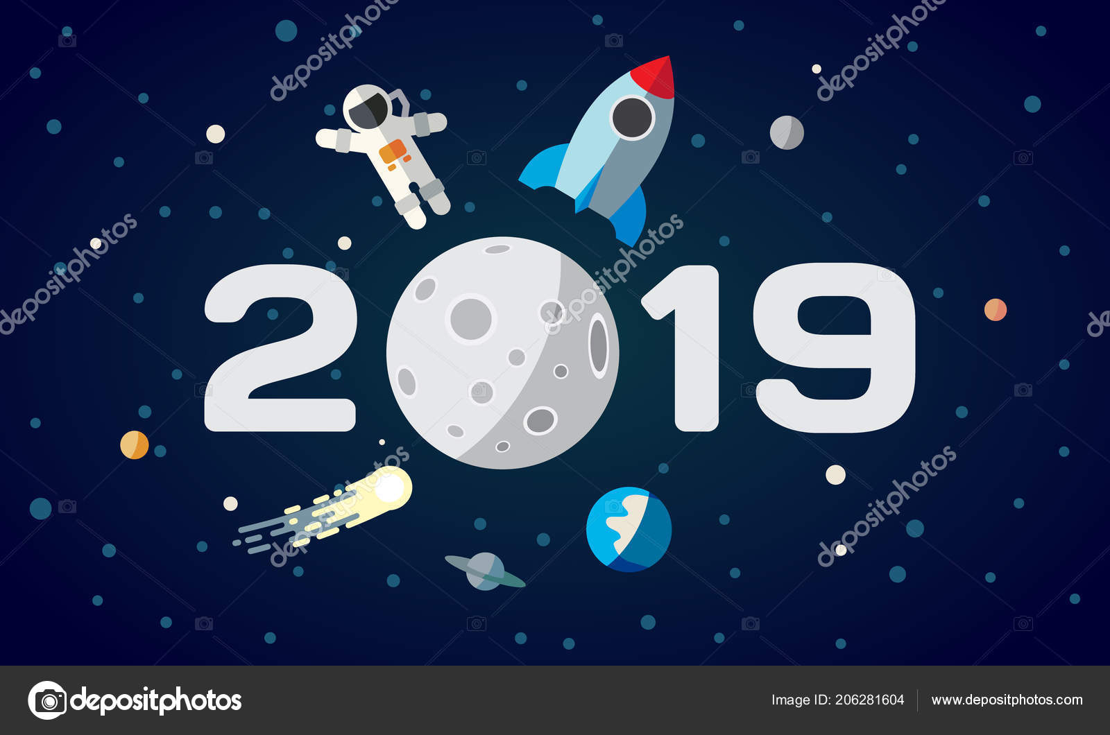 flat space theme illustration for calendar the astronaut and rocket on the moon background 2019 happy new year cover poster flyer