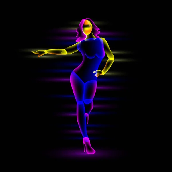 Neon night dance girl. Abstract transparent overlay layers look like a virtual dance girl character. — Stock Vector