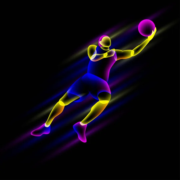Jugador de baloncesto en un salto. Capas superpuestas transparentes abstractas de neón parecen un personaje virtual de jugador de baloncesto . — Vector de stock