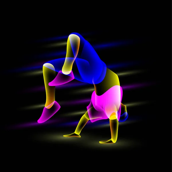 Tanečník break dělá back flip. Abstraktní neon průhledného překryvu pouliční tanec ilustrace. — Stockový vektor