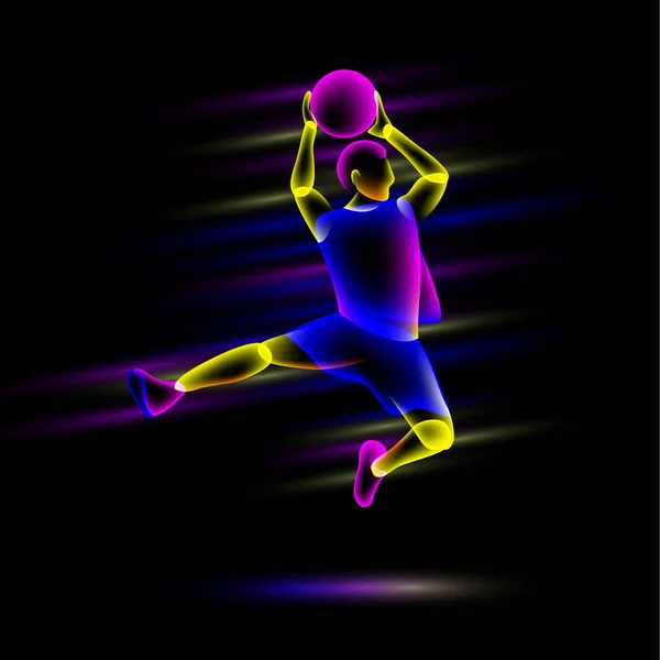 Schlag durch Basketballspieler. abstrakte neontransparente Overlay-Schichten sehen aus wie eine virtuelle Basketballspielerfigur. — Stockvektor