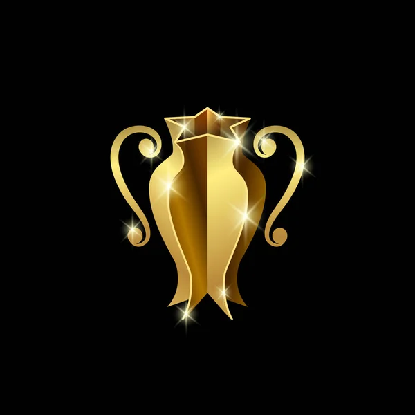 Copa deportiva dorada de campeones. Logotipo de trofeo 3d abstracto para la competición de fútbol, baloncesto, fútbol y tenis . — Vector de stock