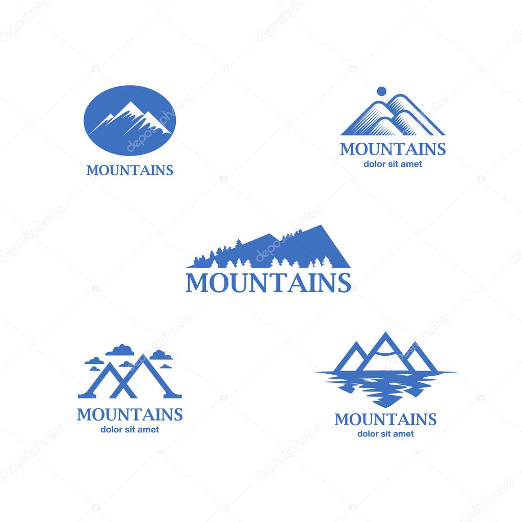 Abstract and minimalistic blue mountains logo set.
