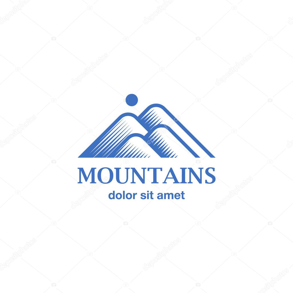 Engraving style blue mountains icon. Mountains logo idea for the business card, branding and corporate identity.