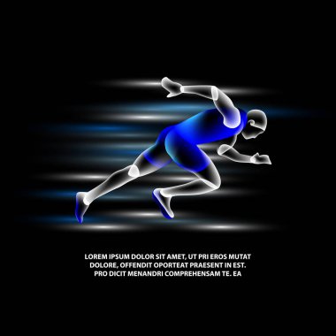 Adam siyah bir arka plan üzerinde çalışan hologram. Sanal sprinter illüstrasyon parlayan.