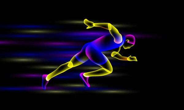 Parlayan sprinter geceleri çalışır. Neon şeffaf kaplama katmanları bir sanal çalışan biri gibi görünüyorsun. — Stok Vektör