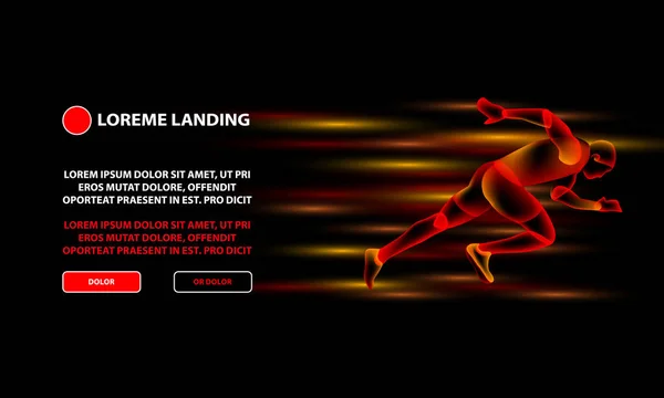 Vorlage für virtuelle Running Man Landing Page. Roter Feuersprinter auf schwarzem Hintergrund. — Stockvektor