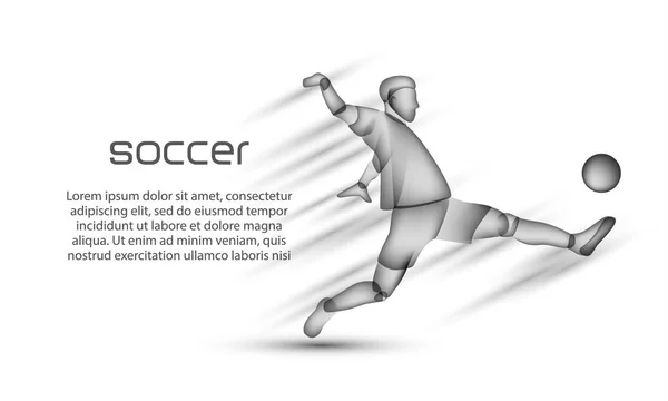 Jogador de futebol com bola em ação. Banner de futebol com uma silhueta preta transparente de um jogador de futebol em um fundo branco . — Vetor de Stock