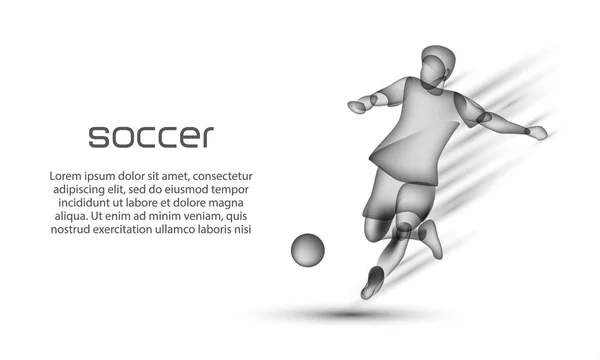 El jugador de fútbol golpea la pelota en movimiento. Banner de fútbol con una silueta negra transparente de un jugador de fútbol sobre un fondo blanco . — Vector de stock