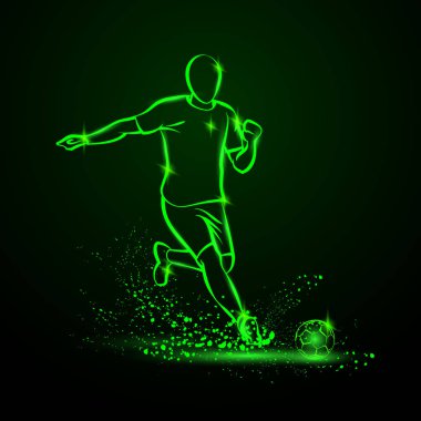 Yeşil Neon futbol forvet. Futbolcu yağmur altında karanlıkta top hits.