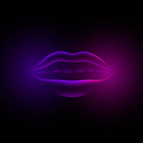 霓虹灯紫色的女性嘴唇。3d 荧光虚拟女孩嘴在黑色背景下. — 图库矢量图片