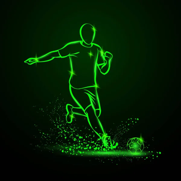 Huelguista de fútbol neón verde. Jugador de fútbol golpea la pelota en la oscuridad bajo la lluvia . — Vector de stock