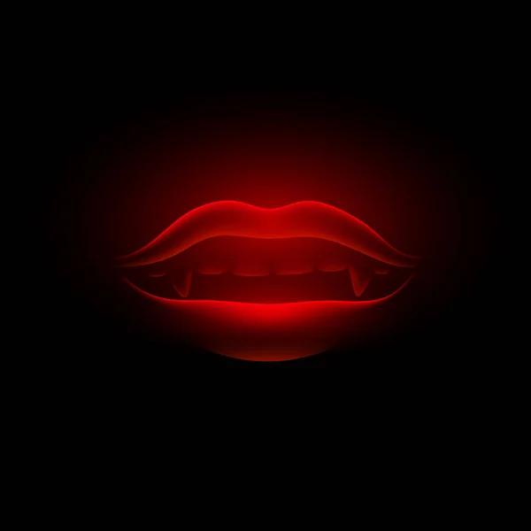 Rode neon en gloeiende vampier mond op een zwarte achtergrond. Vector realistische 3d meisje lippen met een vampier tanden. — Stockvector