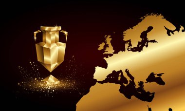 Altın düşük poli Euro Cup afiş. Soyut poligonal 3d spor kupa ve Europe harita arka plan.