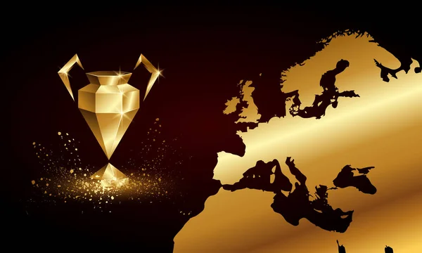Bandiera Golden Low Poly Champions League Cup. Astratto Trofeo della Lega Poligonale di Calcio 3D e Mappa Europa Background . — Vettoriale Stock