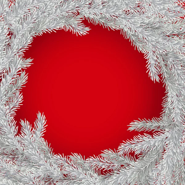 Witte kerst krans rond frame op rode achtergrond. Kerst krans van pijnboomtakken met kopie ruimte. — Stockvector