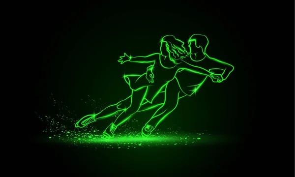 Pareja profesional patinaje artístico deporte. Pareja lineal de neón verde patinaje artístico sobre fondo negro . — Vector de stock