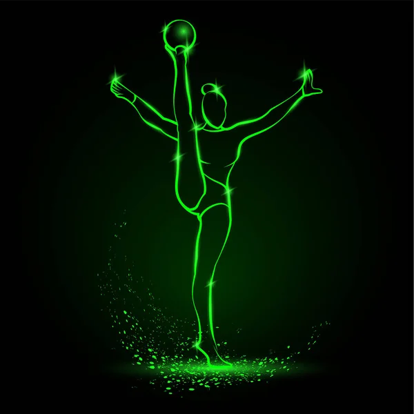 Professional woman art gymnast athlete performing with ball. Green linear neon art gymnastics on a black background. — Stock Vector