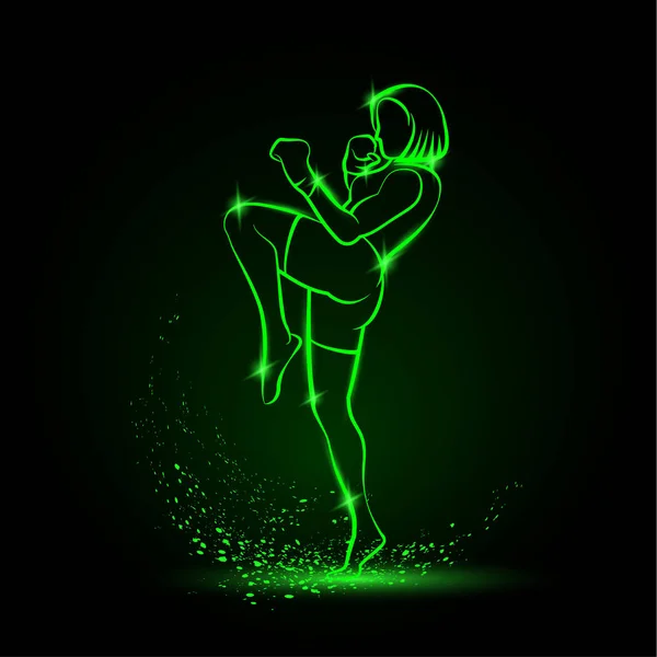 Muay Thai boxing fighter woman kick knee. Green linear neon thai boxing fighter on a black background. — Stock Vector