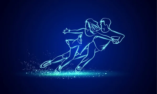 Paarlauf-Sport. blauer linearer Neon-Eiskunstlauf auf schwarzem Hintergrund. — Stockvektor