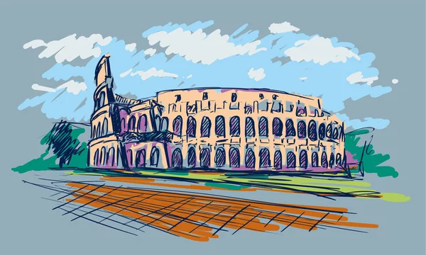 Римский Колизей. Вид на Рим, Италия. Ручной рисунок цветового вектора . — стоковый вектор