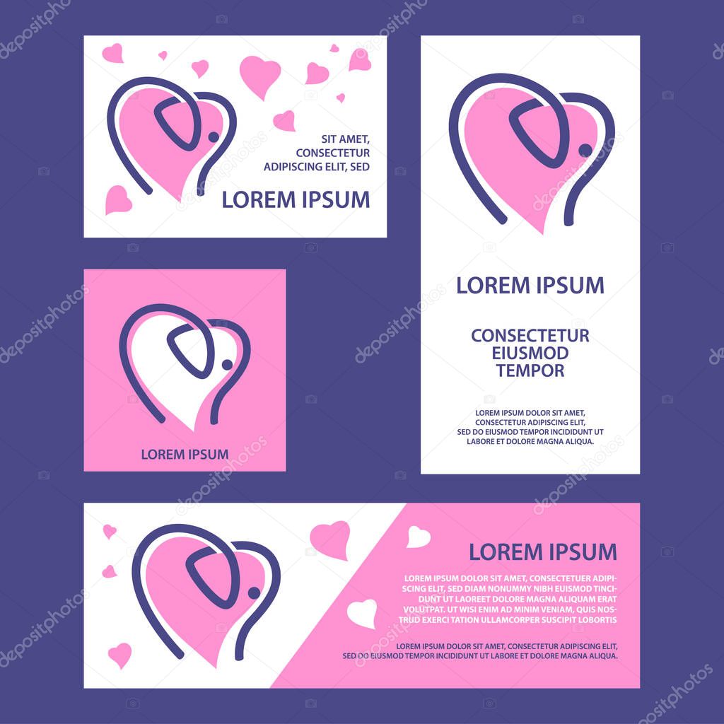 Elephant and heart shape banners set. World Elephant Day conceptual backgrounds.