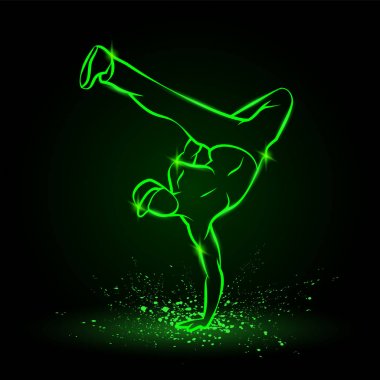 B Boy tarafından bir el friz. Break dansçı dans ve bir yandan friz yapma. Vektör yeşil neon illüstrasyon. 