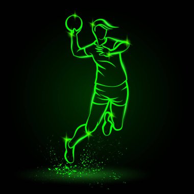Profesyonel voleybolcu atlar ve topa vurur. Spor afiş, arka plan ve el ilanı için Vektör neon voleybol kız illüstrasyon.
