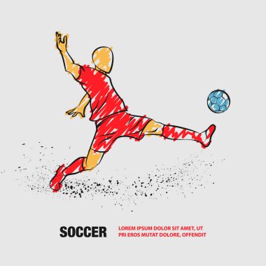 Futbol forveti. Futbolcu topa vurur. Bebek doodle ile futbolcu vektör anahat.
