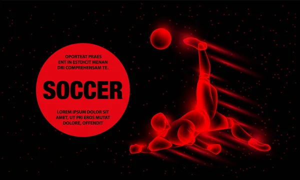 Jogador de futebol bate a bola de futebol em cair através de si mesmo. Jogador de futebol abstrato com efeito de fogo. Vector Sport fundo para banner . —  Vetores de Stock