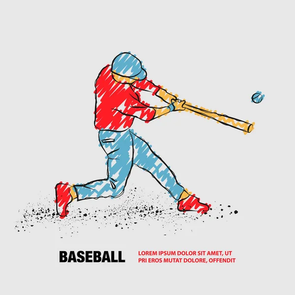 Basebollspelare slog bollen. Vektor kontur av basebollspelare med klotter doodles. — Stock vektor