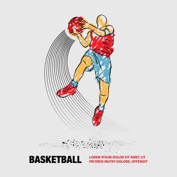 Jugador de baloncesto saltando con la pelota. Slam dunk por jugador de baloncesto. Ilustración del contorno vectorial con garabatos . — Vector de stock