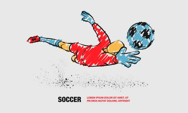 Voetbal save van de doelman. Vector omtrek van de voetballer met Krabbel doodles. — Stockvector