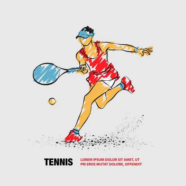 Jugador de tenis con raqueta. Esquema vectorial del jugador de tenis con garabatos . — Archivo Imágenes Vectoriales