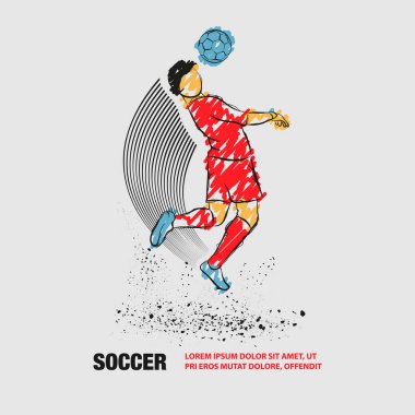 Futbolcu topa kafayla vurdu. Karalama karalamaları ile Futbolcu vektör anahat.