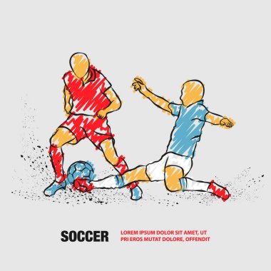 Futbolcu mücadelede topa vuruyor. Karalama karalamaları ile Futbolcuların Vektör anahat.
