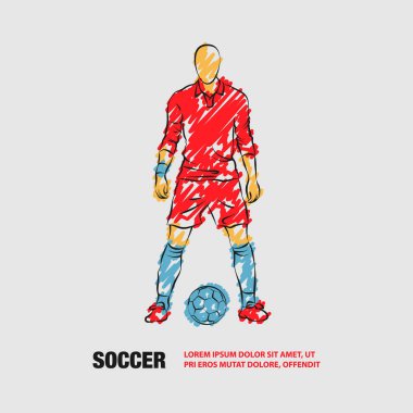 Futbolcu topun yanında duruyor ve bir tekme için hazırlanın. Karalama karalamaları ile Futbolcu vektör anahat.